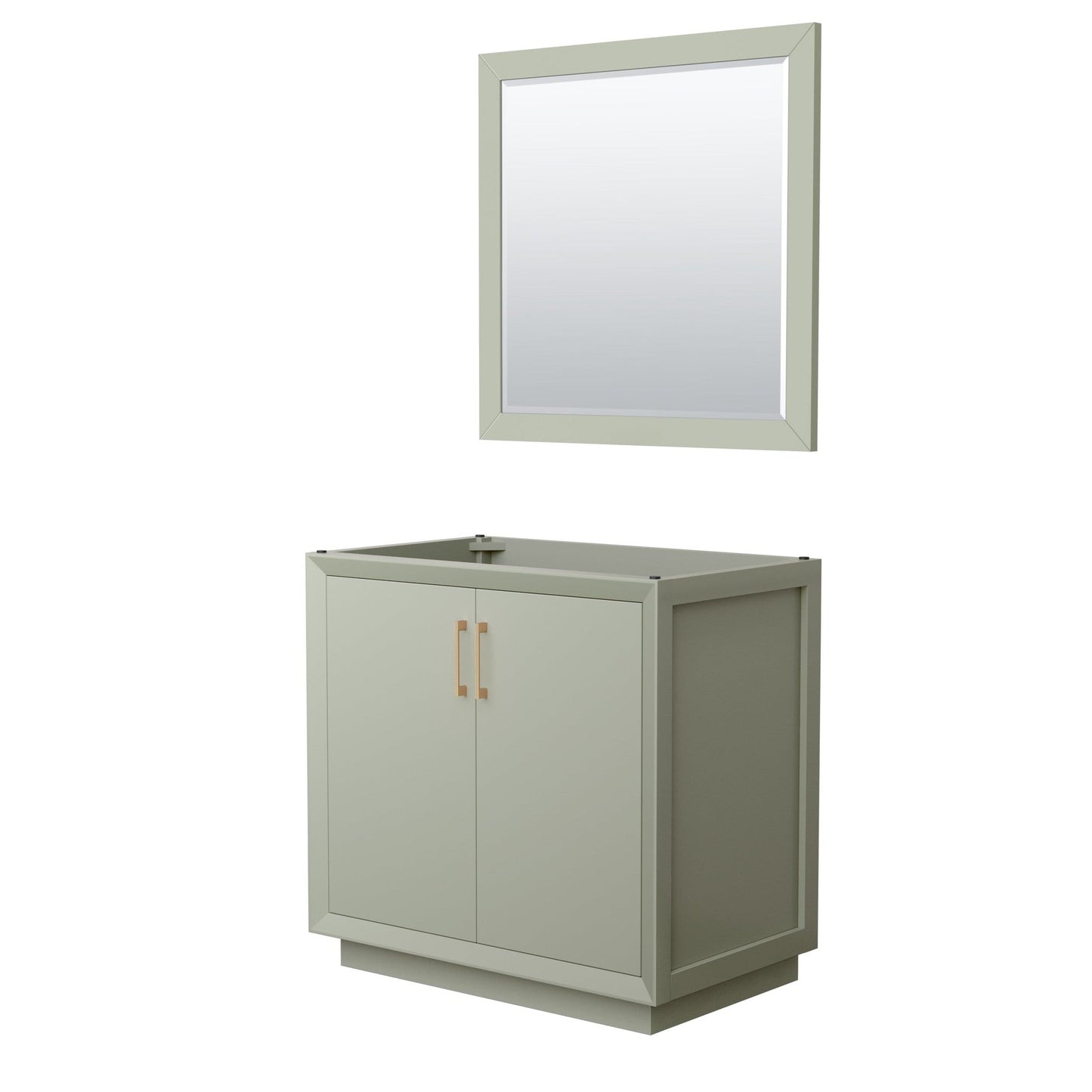 Wyndham Collection Strada 36" Single Bathroom Vanity in Light Green, No Countertop, No Sink, Satin Bronze Trim, 34" Mirror