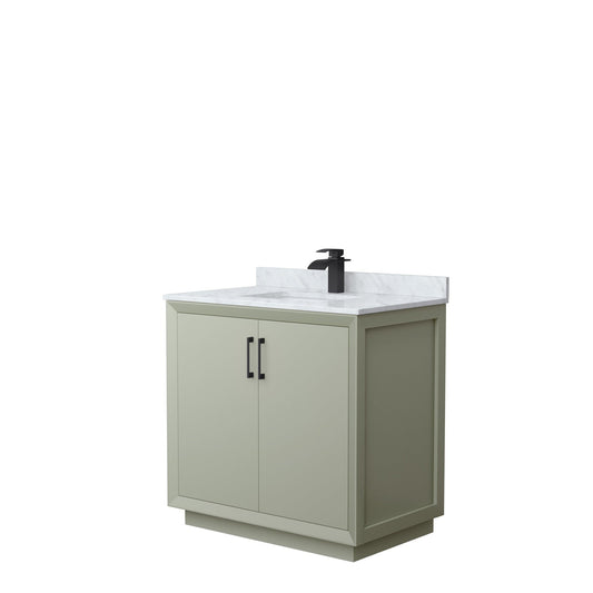 Wyndham Collection Strada 36" Single Bathroom Vanity in Light Green, White Carrara Marble Countertop, Undermount Square Sink, Matte Black Trim