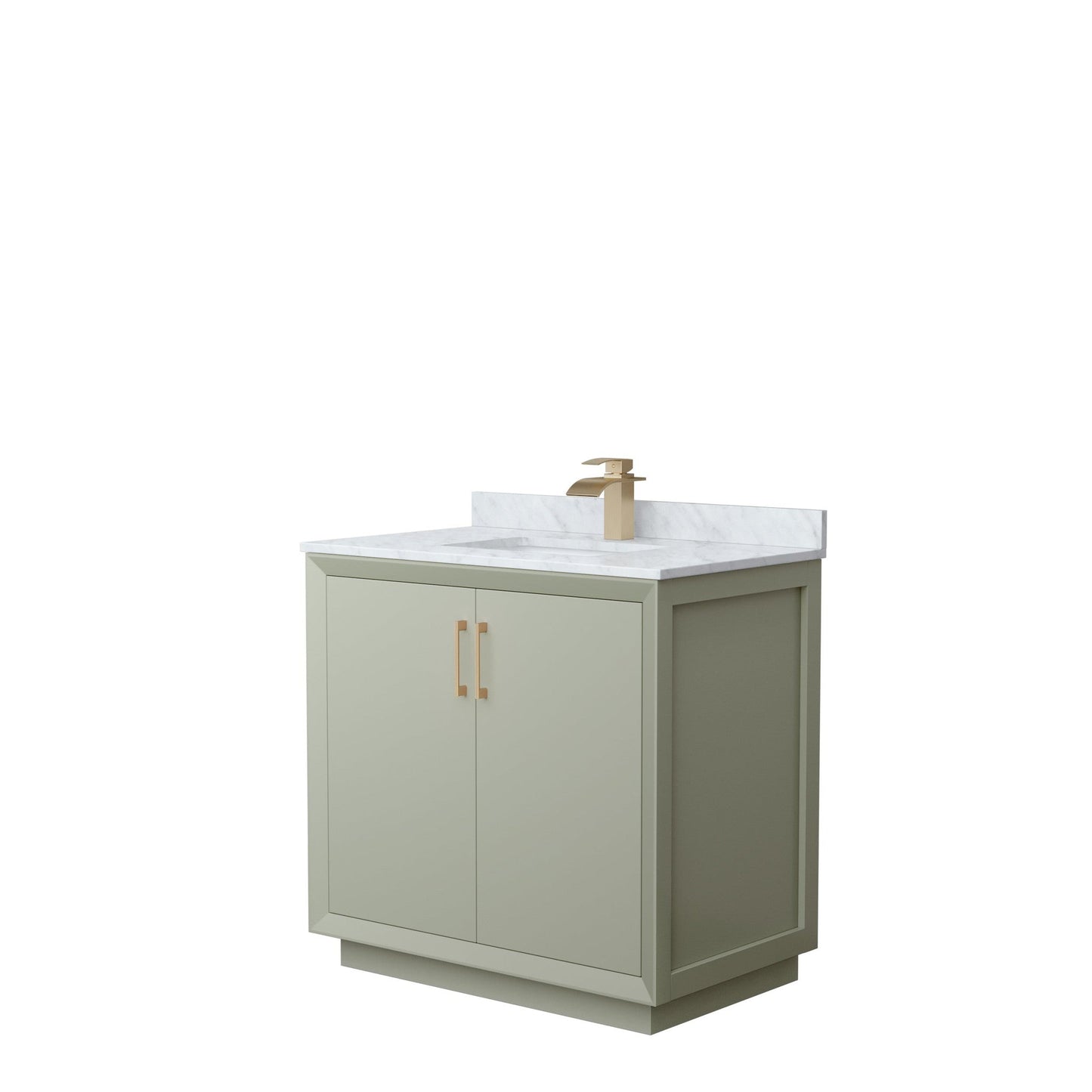 Wyndham Collection Strada 36" Single Bathroom Vanity in Light Green, White Carrara Marble Countertop, Undermount Square Sink, Satin Bronze Trim