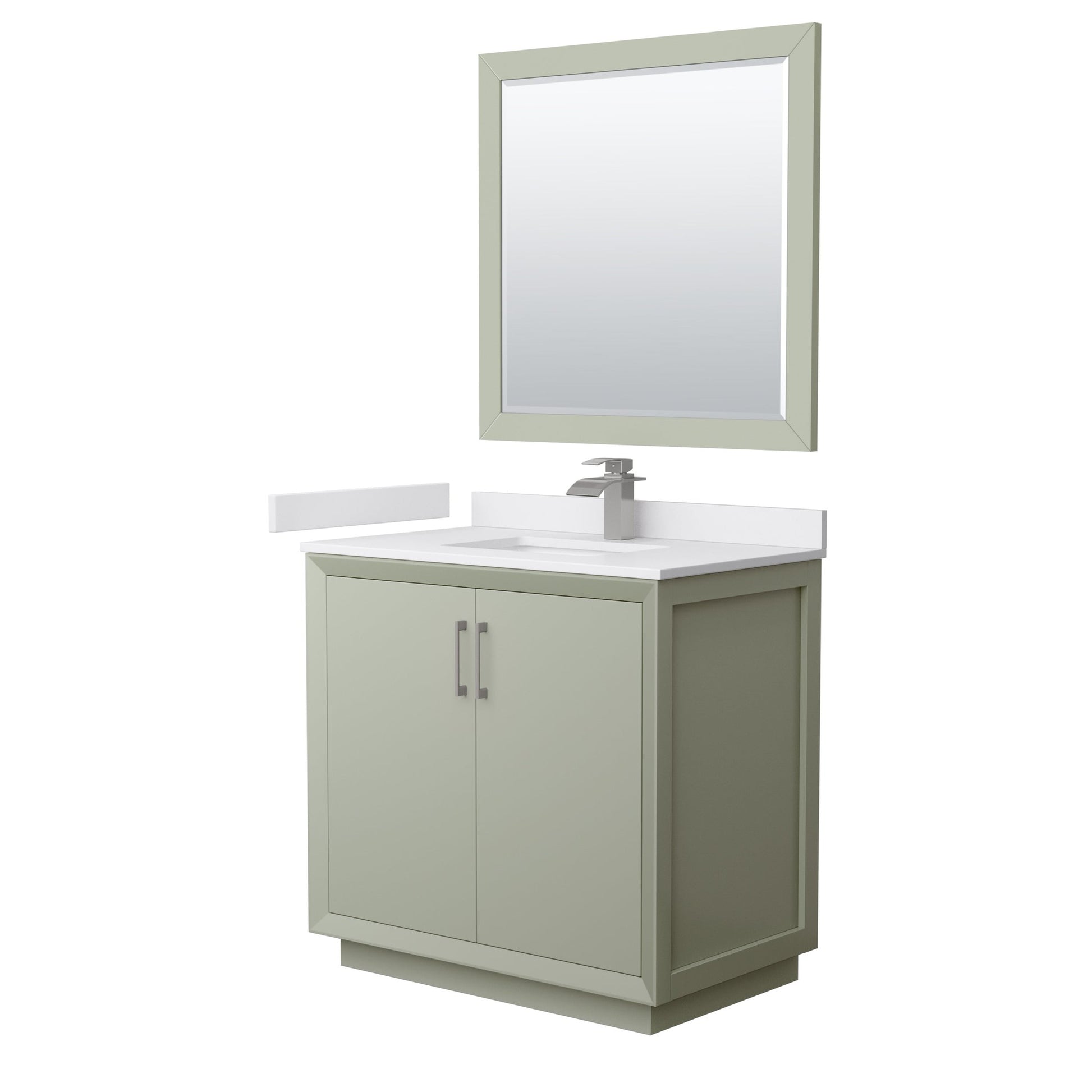 Wyndham Collection Strada 36" Single Bathroom Vanity in Light Green, White Cultured Marble Countertop, Undermount Square Sink, Brushed Nickel Trim, 34" Mirror