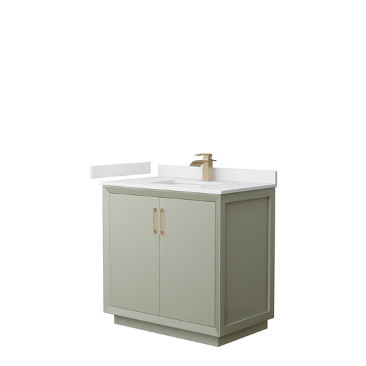 Wyndham Collection Strada 36" Single Bathroom Vanity in Light Green, White Cultured Marble Countertop, Undermount Square Sink, Satin Bronze Trim