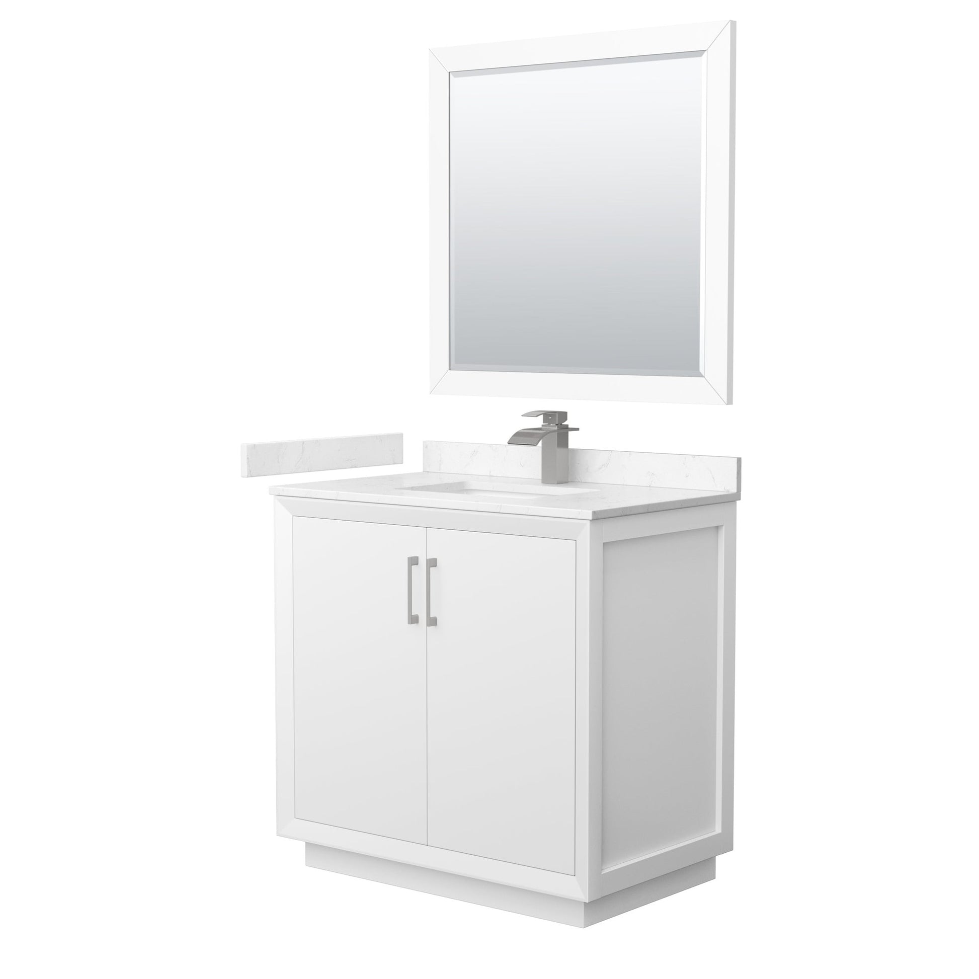 Wyndham Collection Strada 36" Single Bathroom Vanity in White, Carrara Cultured Marble Countertop, Undermount Square Sink, Brushed Nickel Trim, 34" Mirror