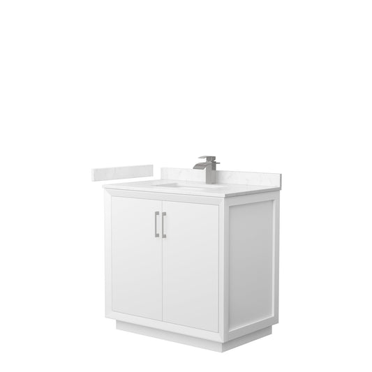 Wyndham Collection Strada 36" Single Bathroom Vanity in White, Carrara Cultured Marble Countertop, Undermount Square Sink, Brushed Nickel Trim