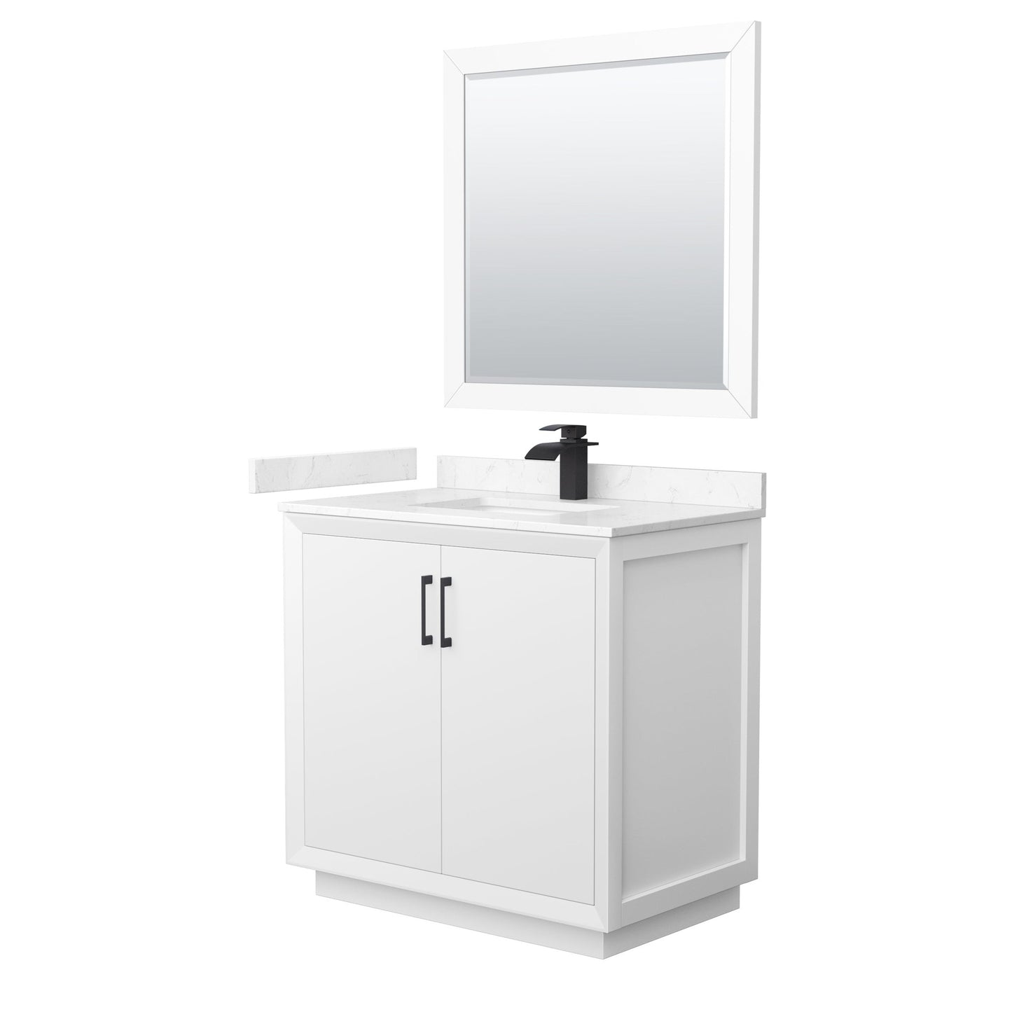 Wyndham Collection Strada 36" Single Bathroom Vanity in White, Carrara Cultured Marble Countertop, Undermount Square Sink, Matte Black Trim, 34" Mirror