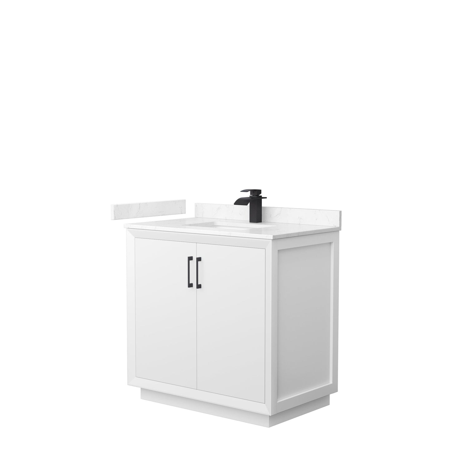 Wyndham Collection Strada 36" Single Bathroom Vanity in White, Carrara Cultured Marble Countertop, Undermount Square Sink, Matte Black Trim