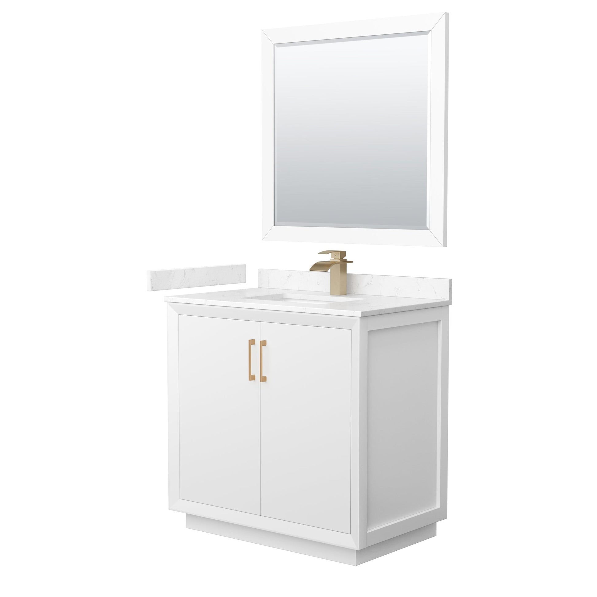 Wyndham Collection Strada 36" Single Bathroom Vanity in White, Carrara Cultured Marble Countertop, Undermount Square Sink, Satin Bronze Trim, 34" Mirror