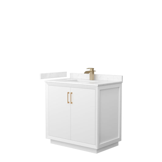 Wyndham Collection Strada 36" Single Bathroom Vanity in White, Carrara Cultured Marble Countertop, Undermount Square Sink, Satin Bronze Trim