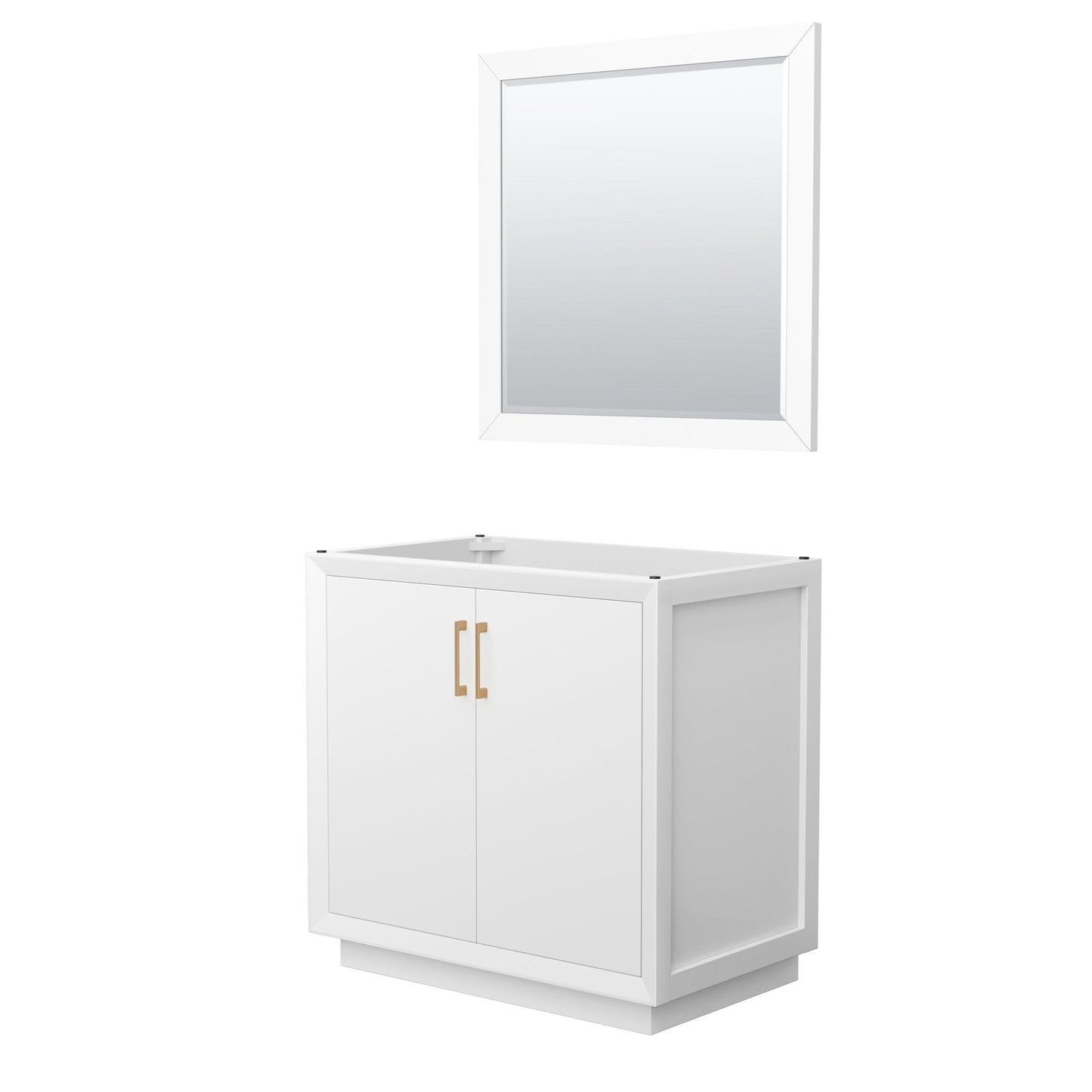Wyndham Collection Strada 36" Single Bathroom Vanity in White, No Countertop, No Sink, Satin Bronze Trim, 34" Mirror