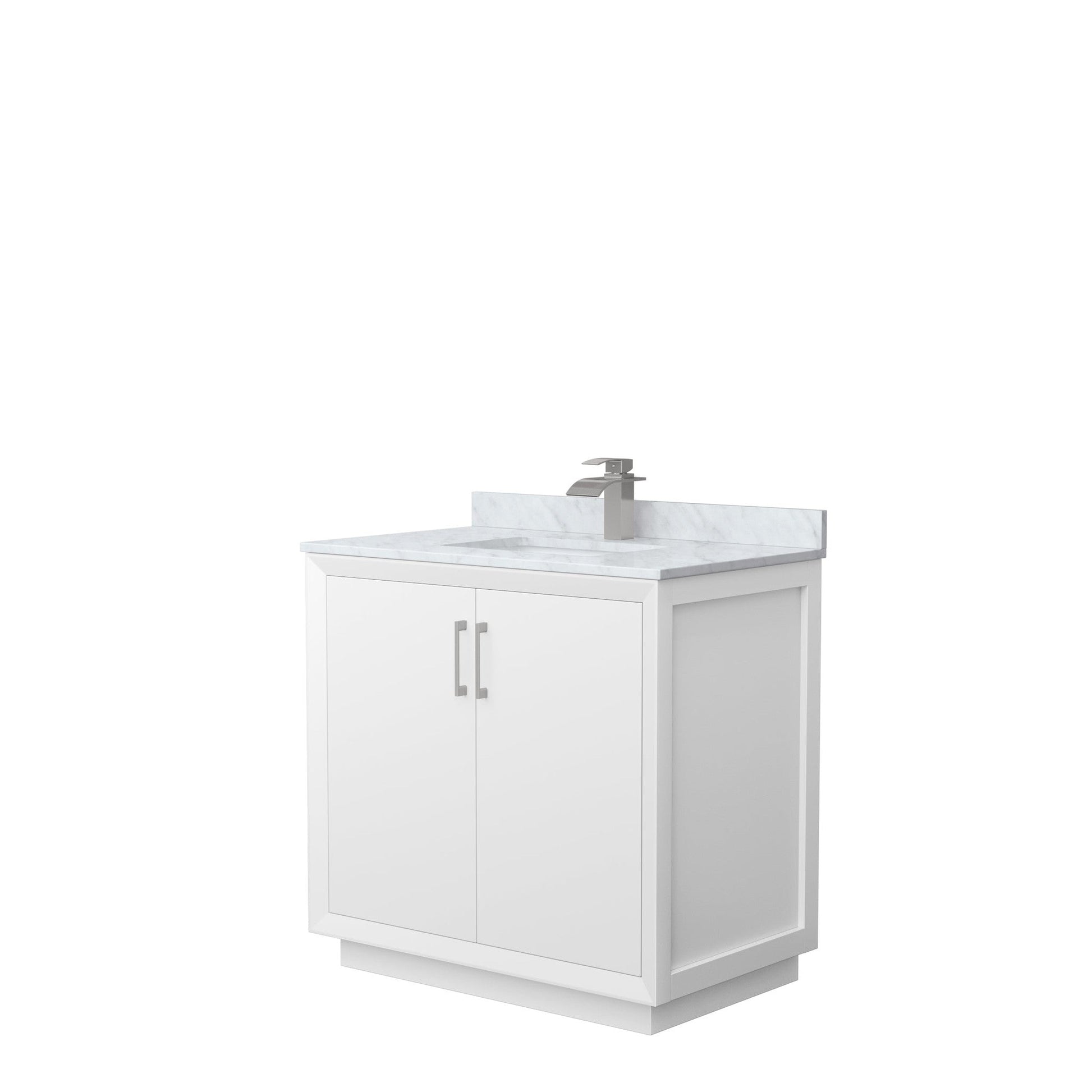Wyndham Collection Strada 36" Single Bathroom Vanity in White, White Carrara Marble Countertop, Undermount Square Sink, Brushed Nickel Trim