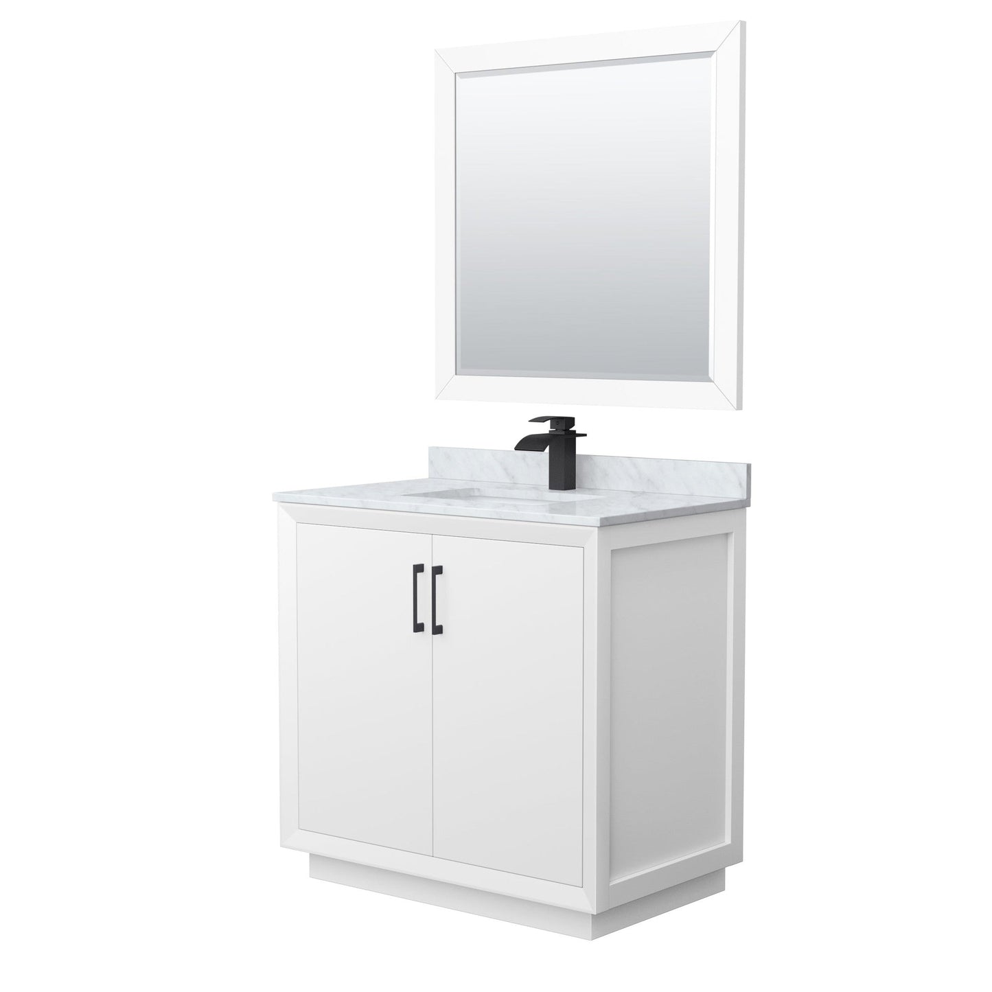 Wyndham Collection Strada 36" Single Bathroom Vanity in White, White Carrara Marble Countertop, Undermount Square Sink, Matte Black Trim, 34" Mirror