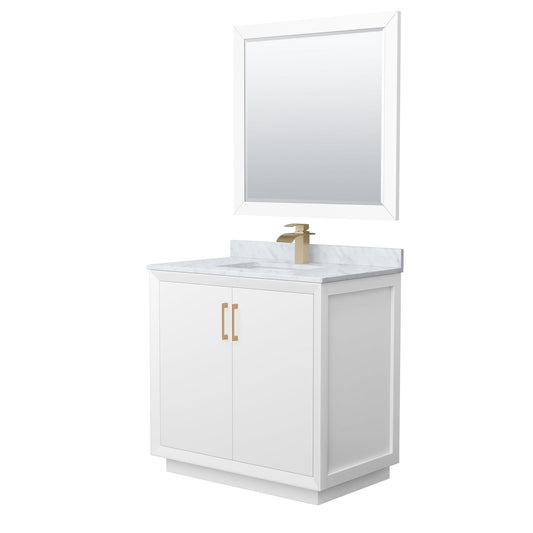Wyndham Collection Strada 36" Single Bathroom Vanity in White, White Carrara Marble Countertop, Undermount Square Sink, Satin Bronze Trim, 34" Mirror