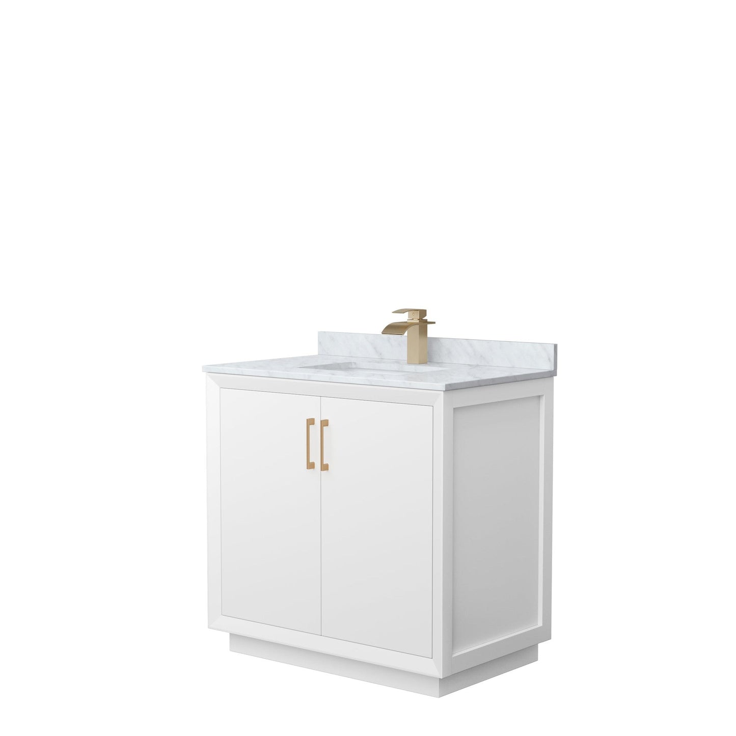 Wyndham Collection Strada 36" Single Bathroom Vanity in White, White Carrara Marble Countertop, Undermount Square Sink, Satin Bronze Trim