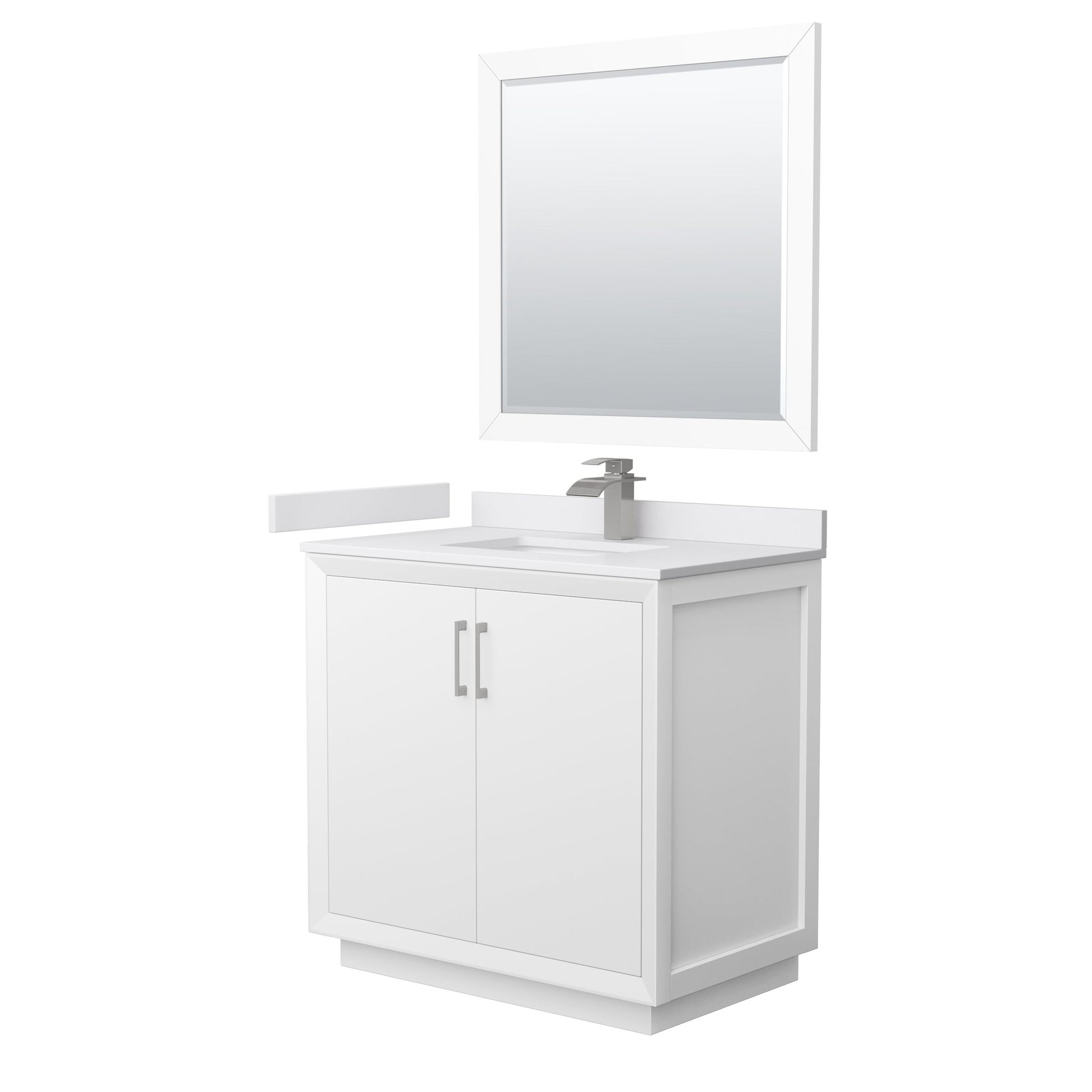 Wyndham Collection Strada 36" Single Bathroom Vanity in White, White Cultured Marble Countertop, Undermount Square Sink, Brushed Nickel Trim, 34" Mirror
