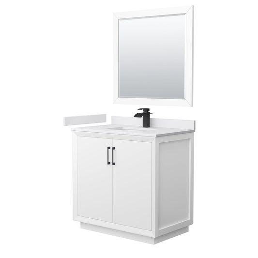 Wyndham Collection Strada 36" Single Bathroom Vanity in White, White Cultured Marble Countertop, Undermount Square Sink, Matte Black Trim, 34" Mirror