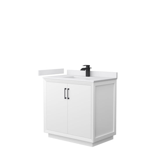 Wyndham Collection Strada 36" Single Bathroom Vanity in White, White Cultured Marble Countertop, Undermount Square Sink, Matte Black Trim