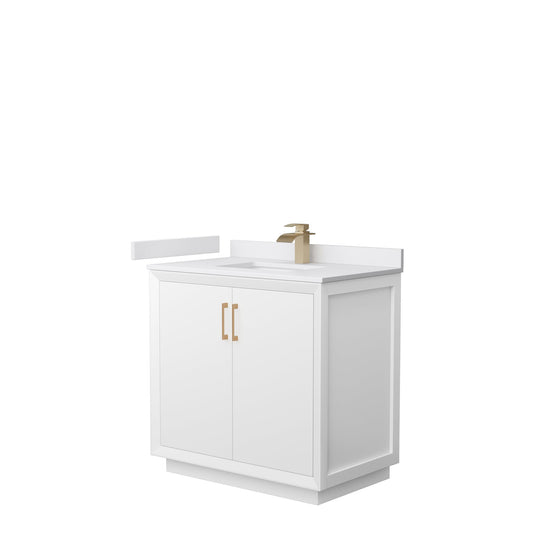 Wyndham Collection Strada 36" Single Bathroom Vanity in White, White Cultured Marble Countertop, Undermount Square Sink, Satin Bronze Trim