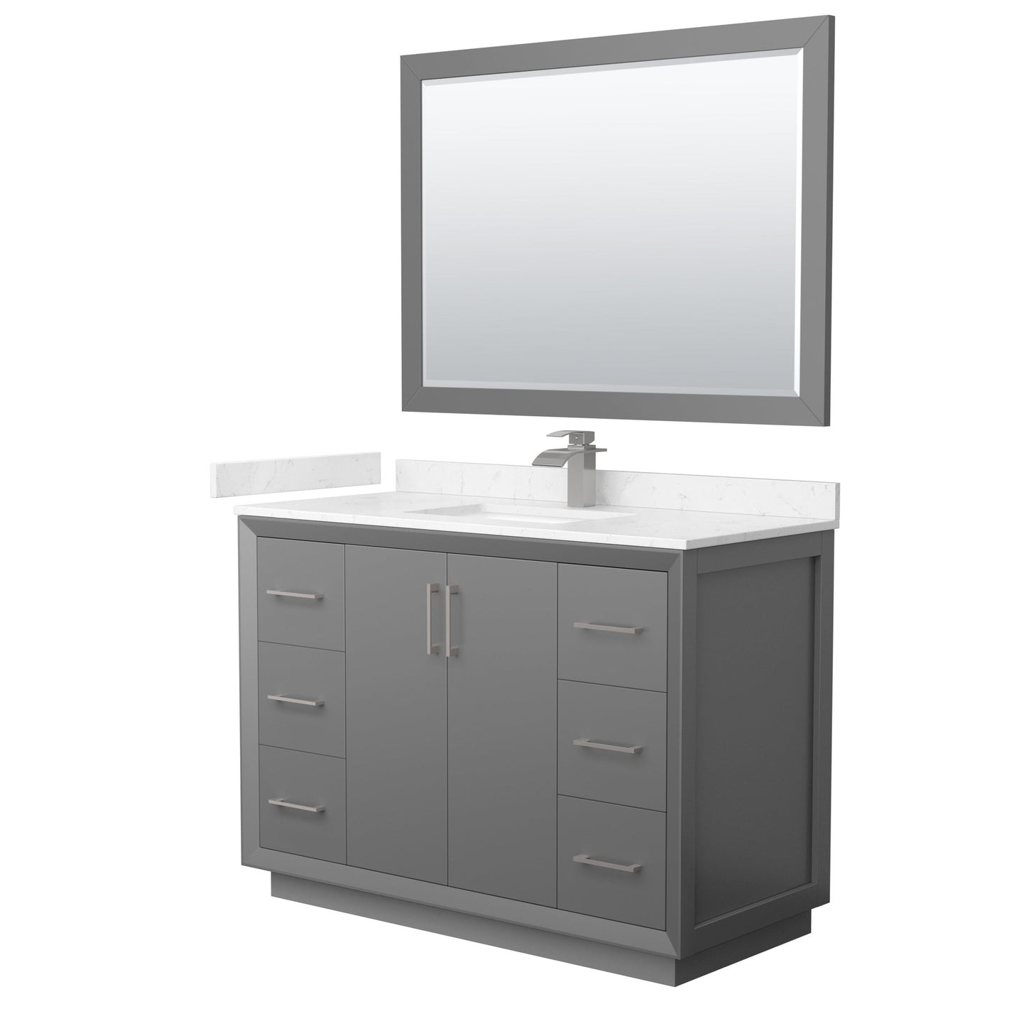 Wyndham Collection Strada 48" Single Bathroom Vanity in Dark Gray, Carrara Cultured Marble Countertop, Undermount Square Sink, Brushed Nickel Trim, 46" Mirror