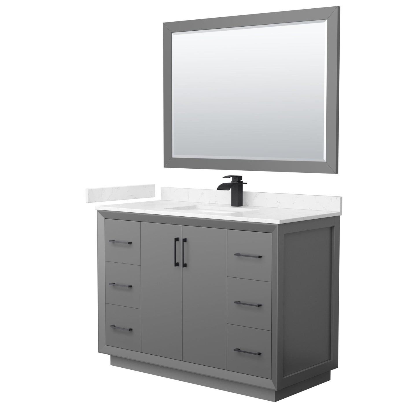 Wyndham Collection Strada 48" Single Bathroom Vanity in Dark Gray, Carrara Cultured Marble Countertop, Undermount Square Sink, Matte Black Trim, 46" Mirror