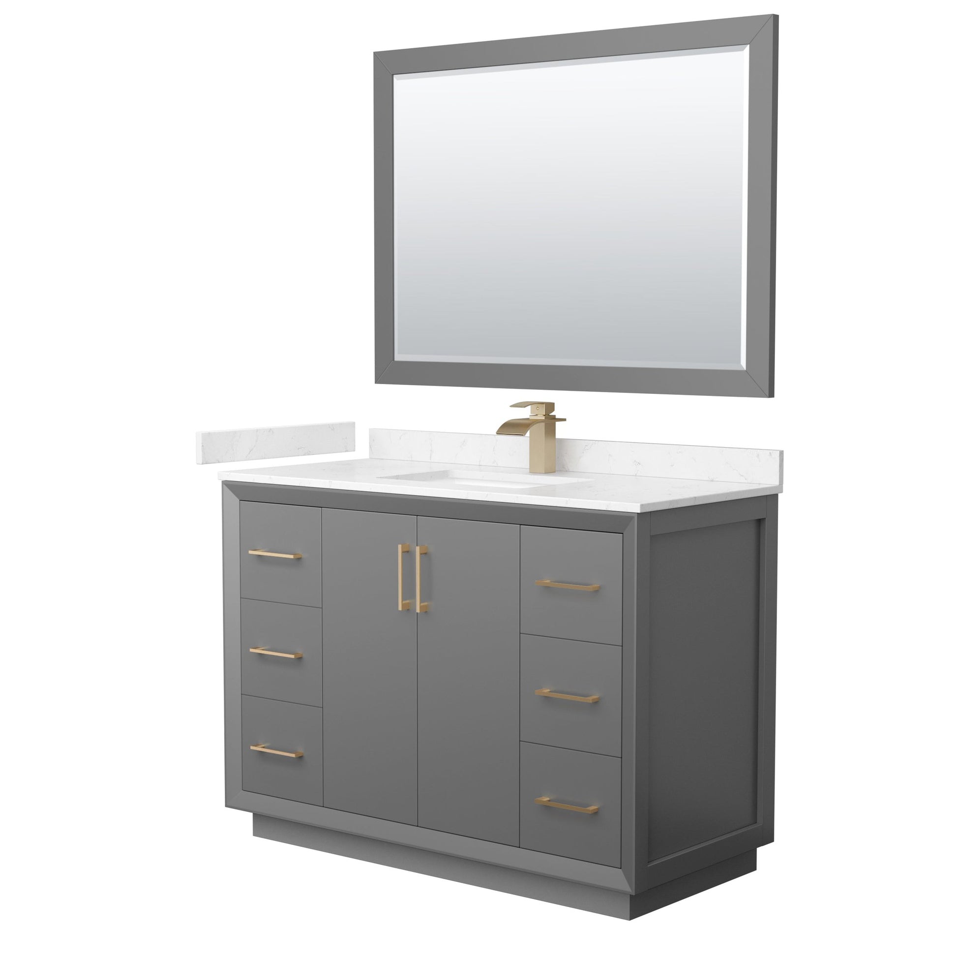 Wyndham Collection Strada 48" Single Bathroom Vanity in Dark Gray, Carrara Cultured Marble Countertop, Undermount Square Sink, Satin Bronze Trim, 46" Mirror