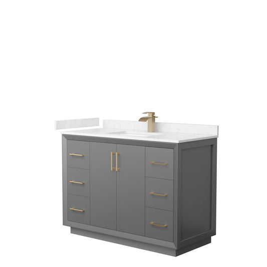 Wyndham Collection Strada 48" Single Bathroom Vanity in Dark Gray, Carrara Cultured Marble Countertop, Undermount Square Sink, Satin Bronze Trim