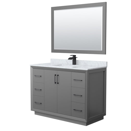 Wyndham Collection Strada 48" Single Bathroom Vanity in Dark Gray, White Carrara Marble Countertop, Undermount Square Sink, Matte Black Trim, 46" Mirror