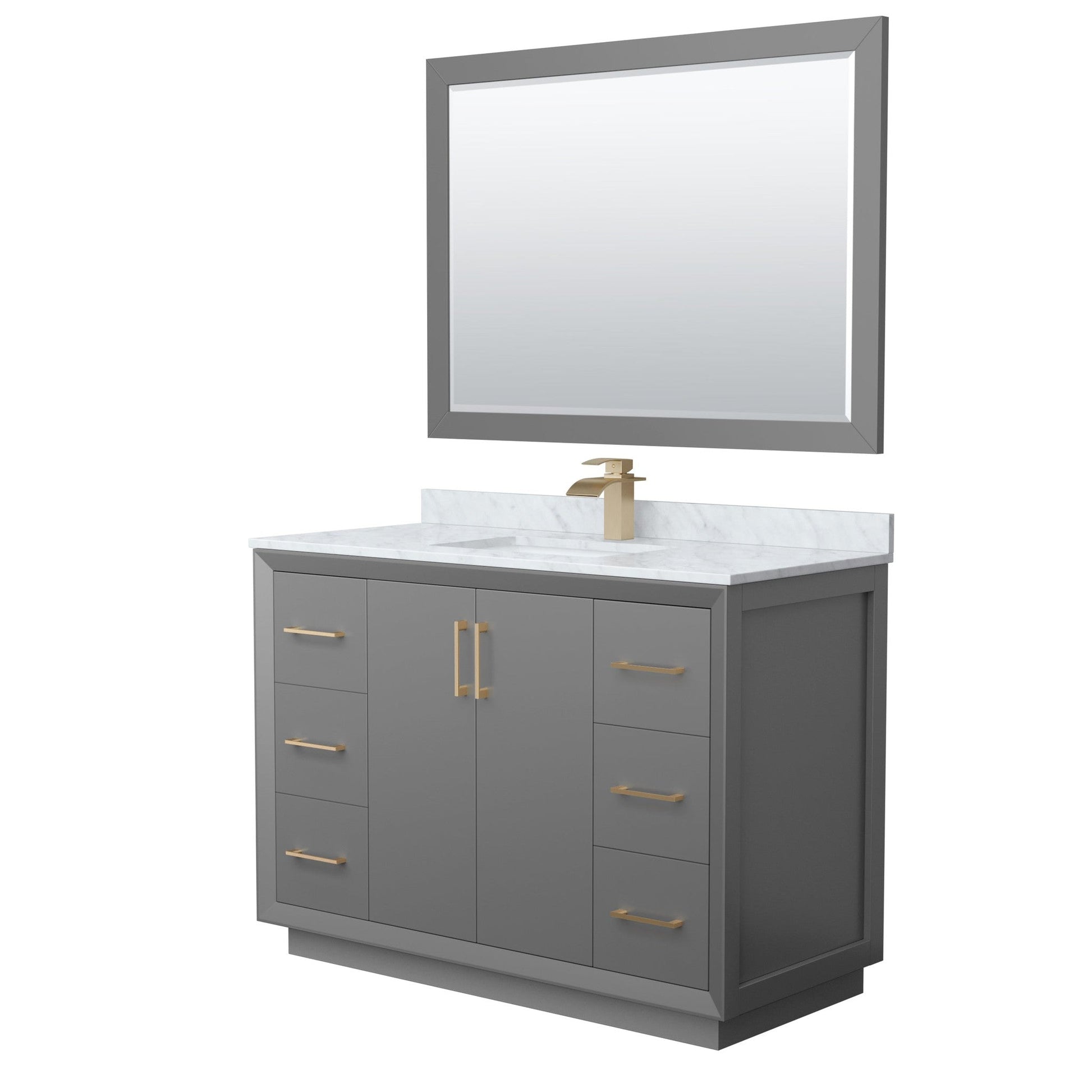 Wyndham Collection Strada 48" Single Bathroom Vanity in Dark Gray, White Carrara Marble Countertop, Undermount Square Sink, Satin Bronze Trim, 46" Mirror