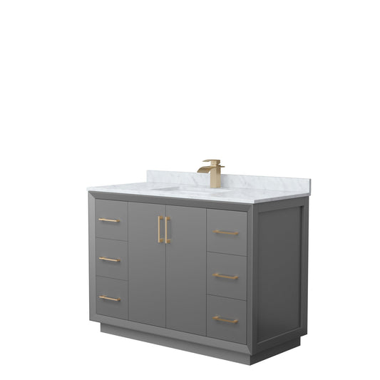 Wyndham Collection Strada 48" Single Bathroom Vanity in Dark Gray, White Carrara Marble Countertop, Undermount Square Sink, Satin Bronze Trim