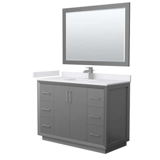 Wyndham Collection Strada 48" Single Bathroom Vanity in Dark Gray, White Cultured Marble Countertop, Undermount Square Sink, Brushed Nickel Trim, 46" Mirror