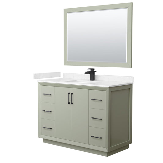 Wyndham Collection Strada 48" Single Bathroom Vanity in Light Green, Carrara Cultured Marble Countertop, Undermount Square Sink, Matte Black Trim, 46" Mirror