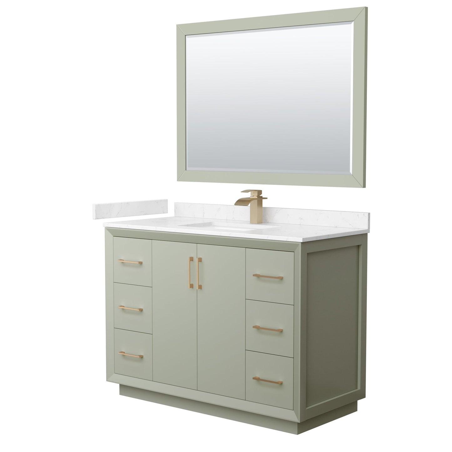 Wyndham Collection Strada 48" Single Bathroom Vanity in Light Green, Carrara Cultured Marble Countertop, Undermount Square Sink, Satin Bronze Trim, 46" Mirror