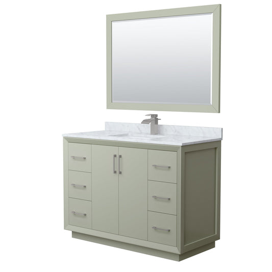 Wyndham Collection Strada 48" Single Bathroom Vanity in Light Green, White Carrara Marble Countertop, Undermount Square Sink, Brushed Nickel Trim, 46" Mirror