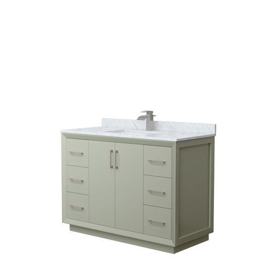 Wyndham Collection Strada 48" Single Bathroom Vanity in Light Green, White Carrara Marble Countertop, Undermount Square Sink, Brushed Nickel Trim