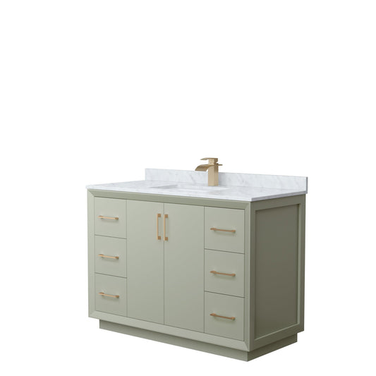 Wyndham Collection Strada 48" Single Bathroom Vanity in Light Green, White Carrara Marble Countertop, Undermount Square Sink, Satin Bronze Trim