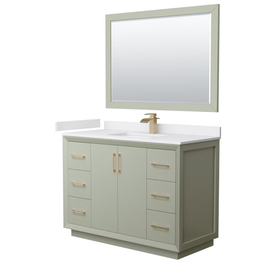 Wyndham Collection Strada 48" Single Bathroom Vanity in Light Green, White Cultured Marble Countertop, Undermount Square Sink, Satin Bronze Trim, 46" Mirror