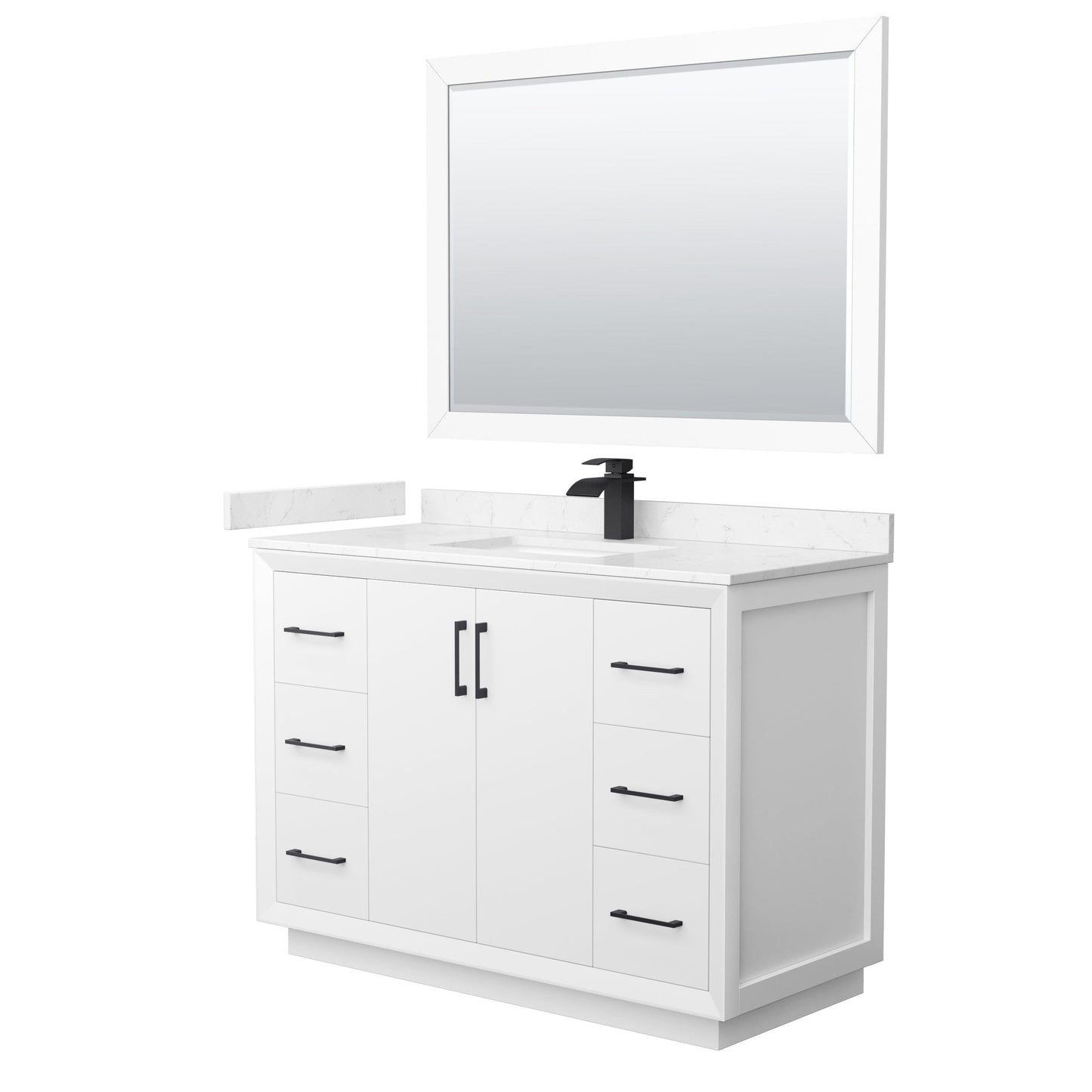 Wyndham Collection Strada 48" Single Bathroom Vanity in White, Carrara Cultured Marble Countertop, Undermount Square Sink, Matte Black Trim, 46" Mirror