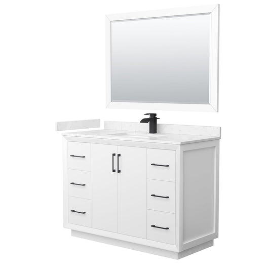 Wyndham Collection Strada 48" Single Bathroom Vanity in White, Carrara Cultured Marble Countertop, Undermount Square Sink, Matte Black Trim, 46" Mirror