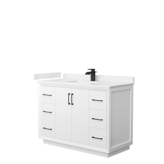 Wyndham Collection Strada 48" Single Bathroom Vanity in White, Carrara Cultured Marble Countertop, Undermount Square Sink, Matte Black Trim