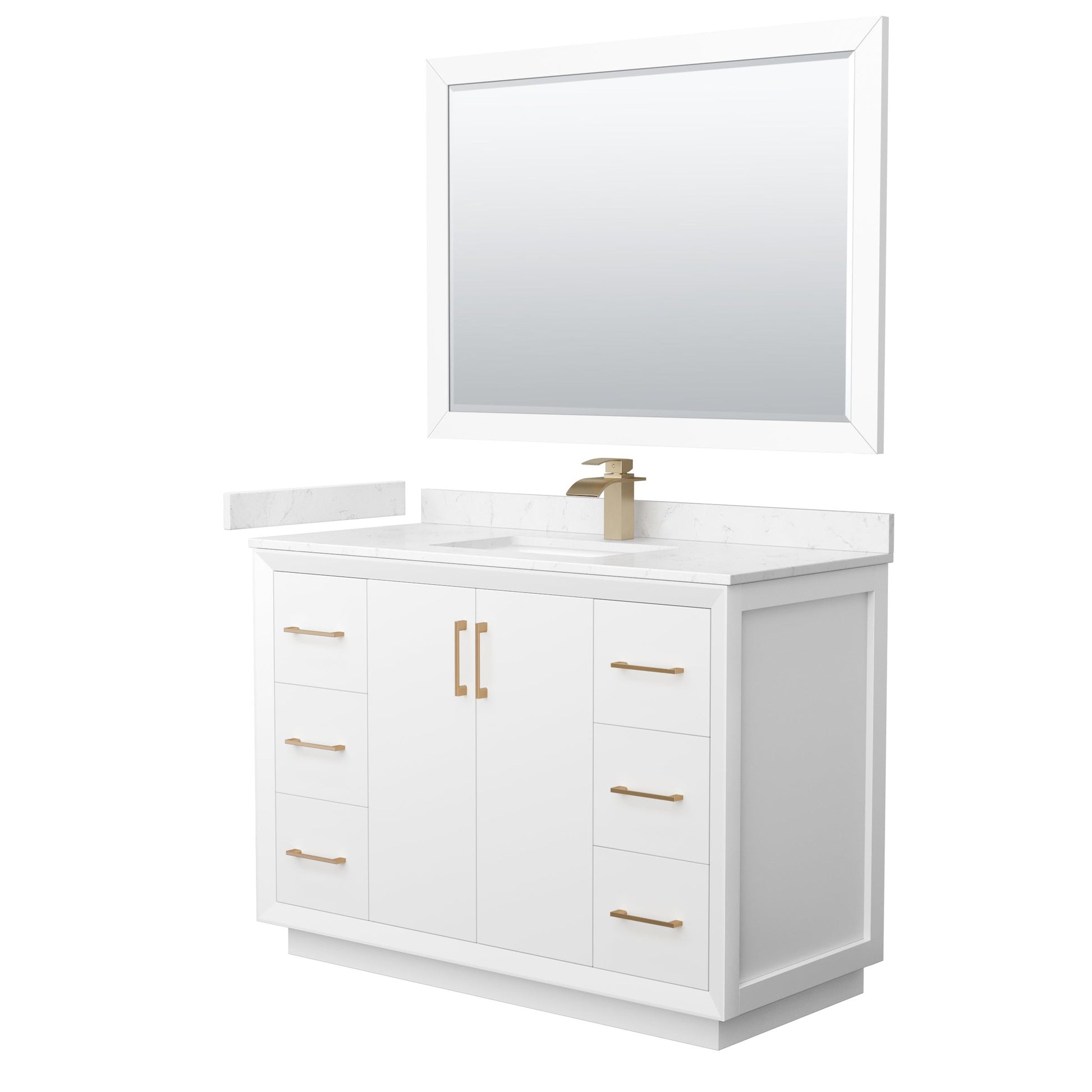 Wyndham Collection Strada 48" Single Bathroom Vanity in White, Carrara Cultured Marble Countertop, Undermount Square Sink, Satin Bronze Trim, 46" Mirror
