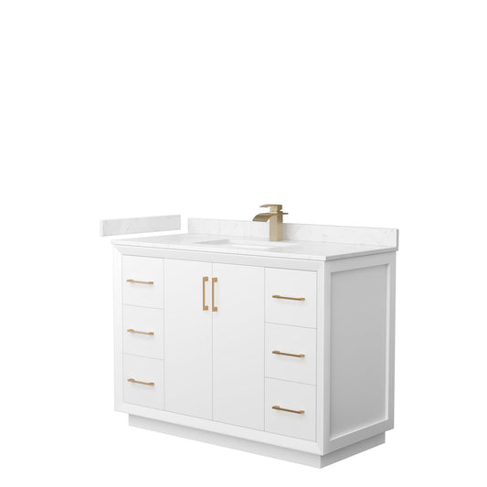 Wyndham Collection Strada 48" Single Bathroom Vanity in White, Carrara Cultured Marble Countertop, Undermount Square Sink, Satin Bronze Trim