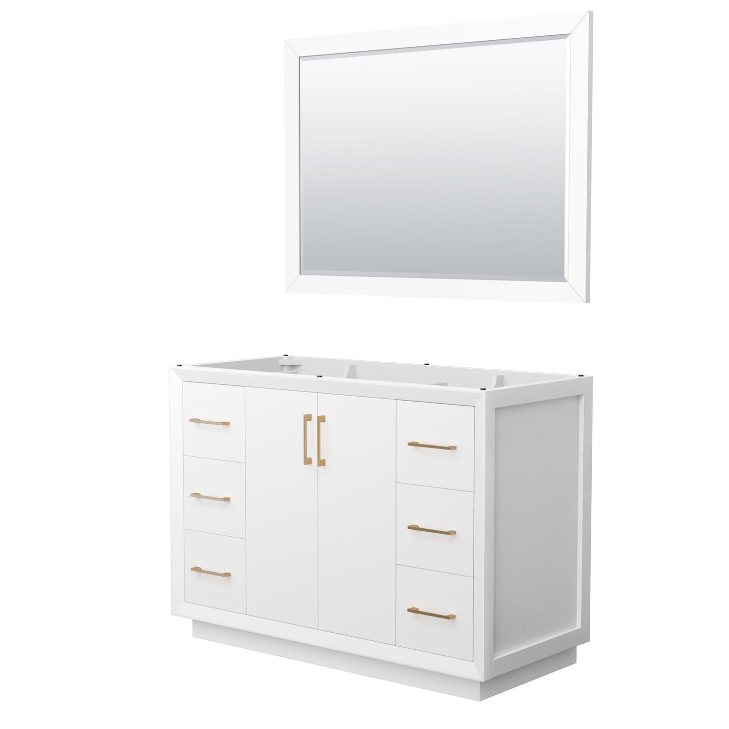Wyndham Collection Strada 48" Single Bathroom Vanity in White, No Countertop, No Sink, Satin Bronze Trim, 46" Mirror