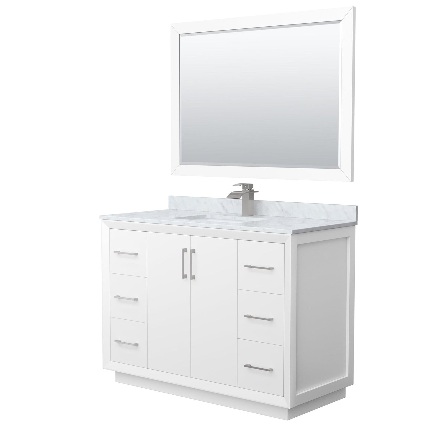 Wyndham Collection Strada 48" Single Bathroom Vanity in White, White Carrara Marble Countertop, Undermount Square Sink, Brushed Nickel Trim, 46" Mirror