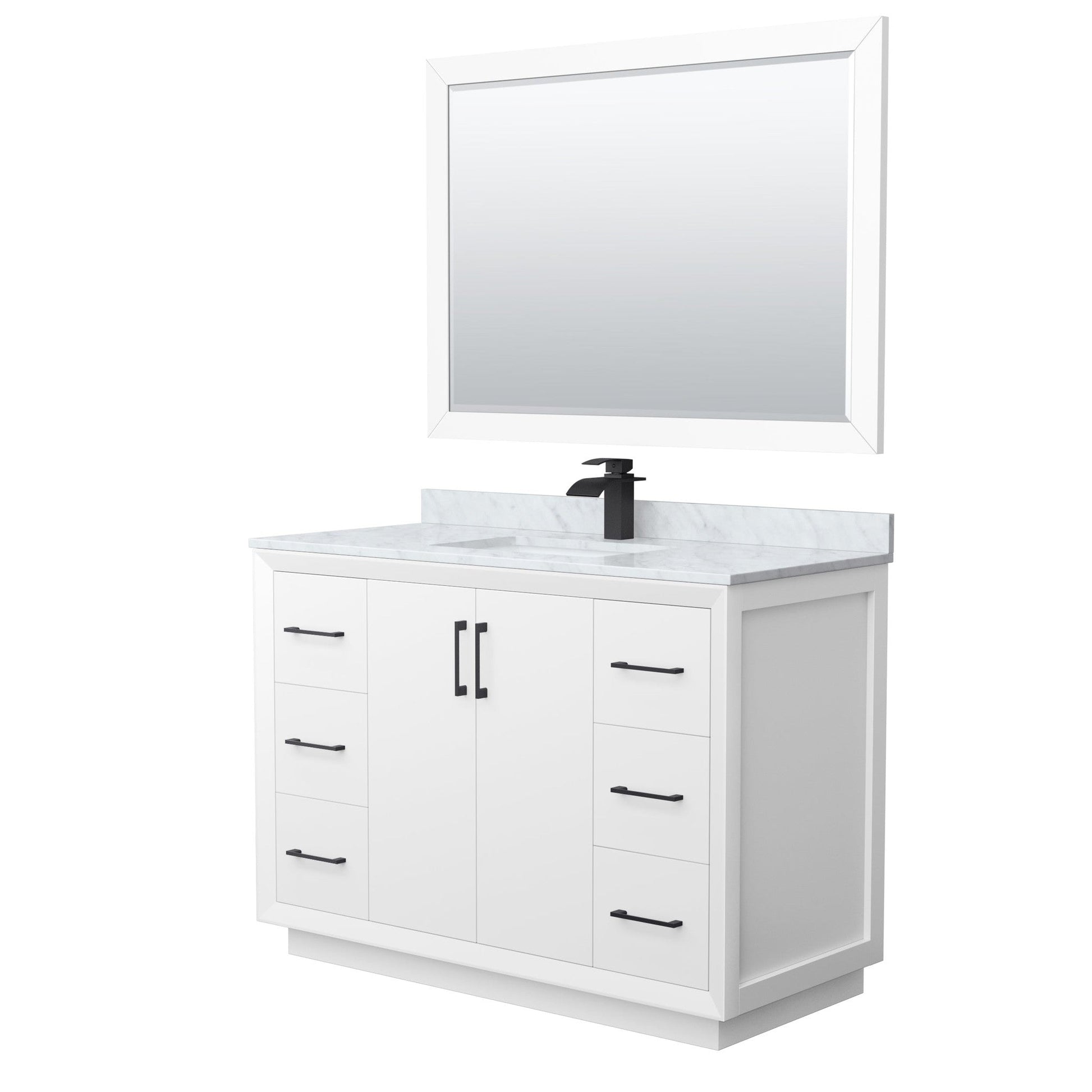 Wyndham Collection Strada 48" Single Bathroom Vanity in White, White Carrara Marble Countertop, Undermount Square Sink, Matte Black Trim, 46" Mirror