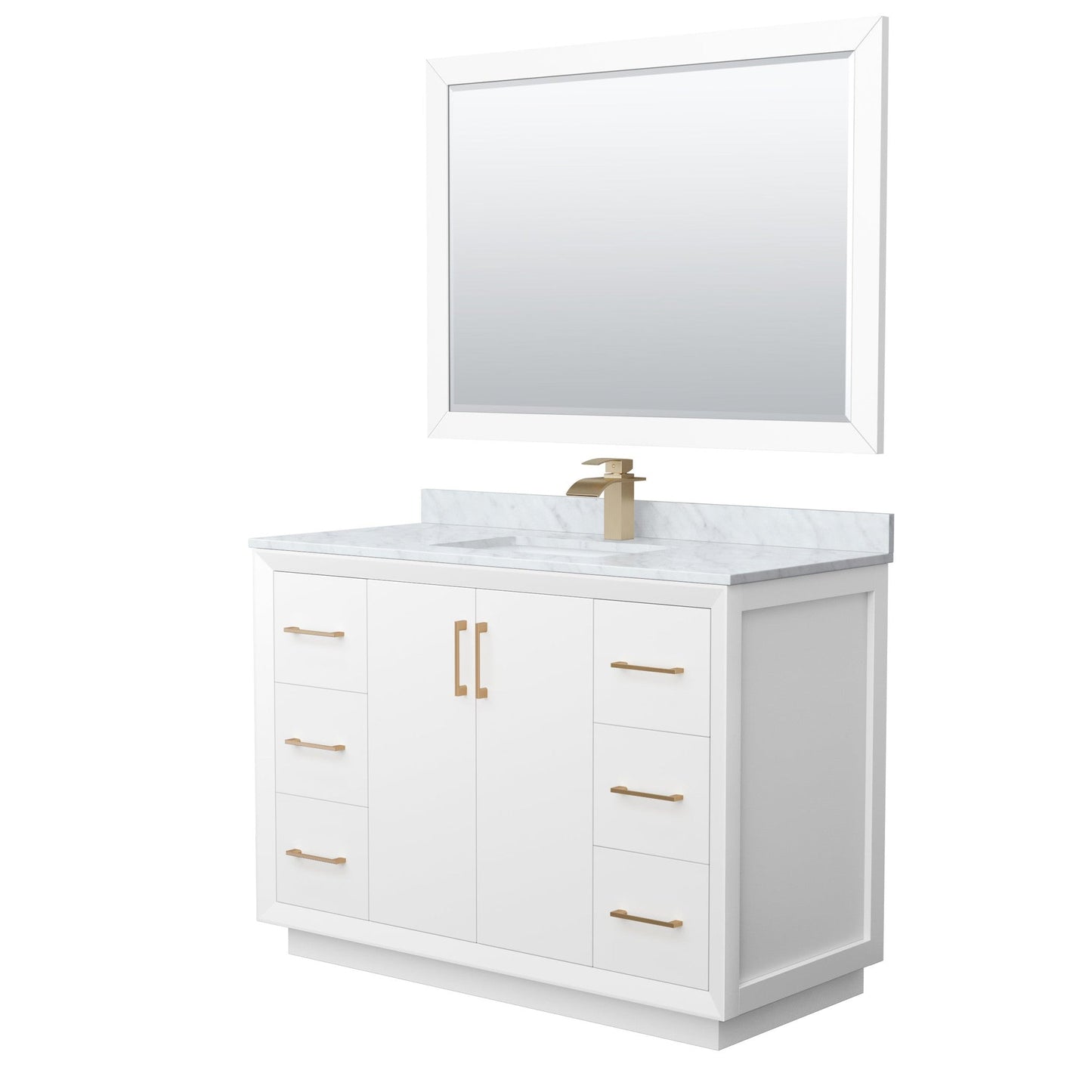 Wyndham Collection Strada 48" Single Bathroom Vanity in White, White Carrara Marble Countertop, Undermount Square Sink, Satin Bronze Trim, 46" Mirror