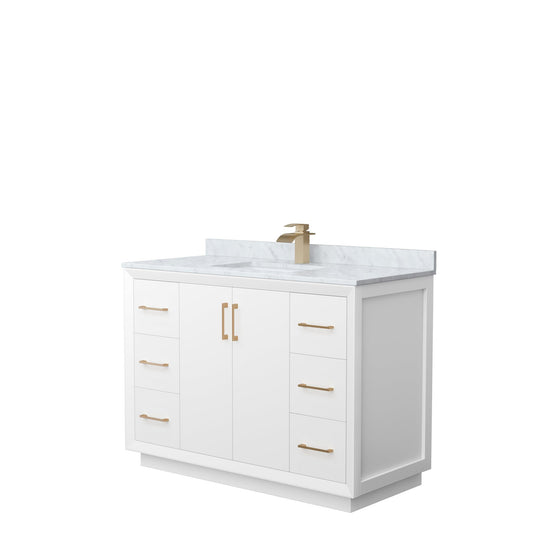 Wyndham Collection Strada 48" Single Bathroom Vanity in White, White Carrara Marble Countertop, Undermount Square Sink, Satin Bronze Trim