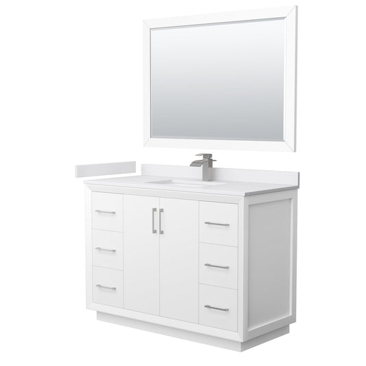 Wyndham Collection Strada 48" Single Bathroom Vanity in White, White Cultured Marble Countertop, Undermount Square Sink, Brushed Nickel Trim, 46" Mirror