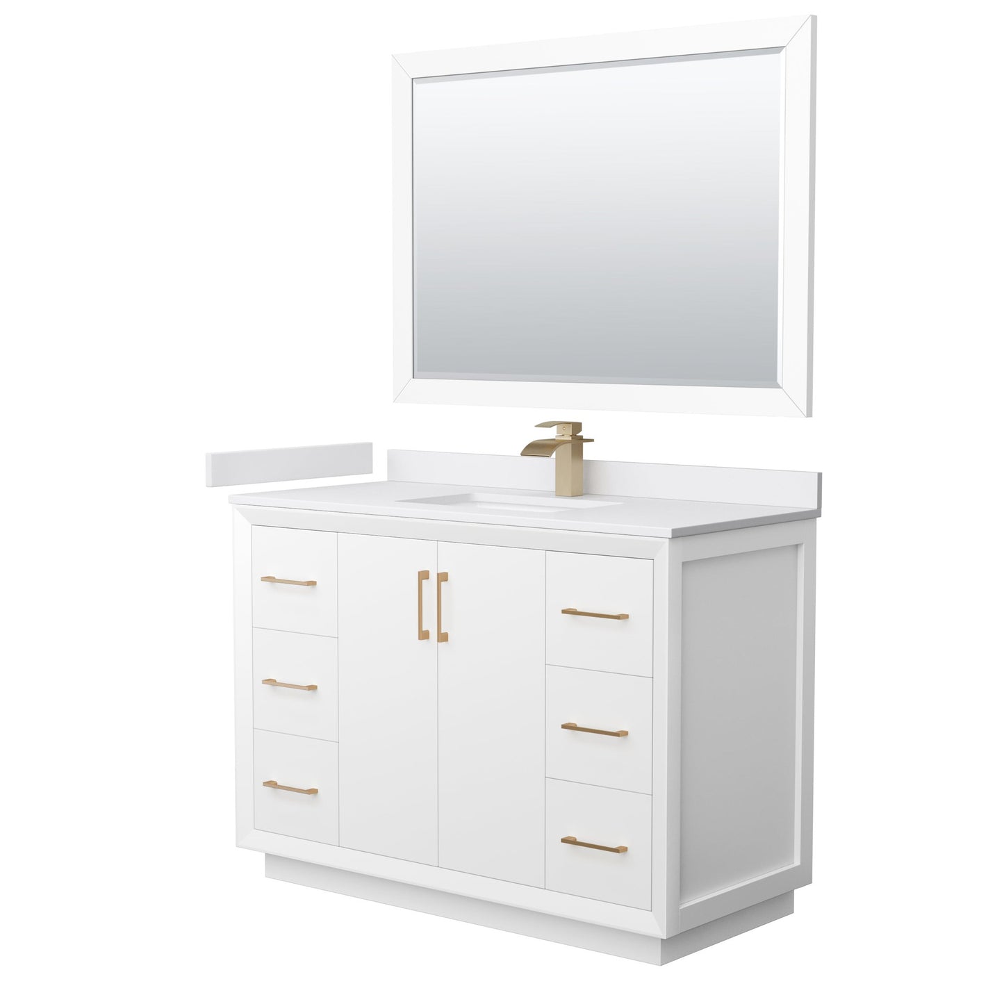 Wyndham Collection Strada 48" Single Bathroom Vanity in White, White Cultured Marble Countertop, Undermount Square Sink, Satin Bronze Trim, 46" Mirror