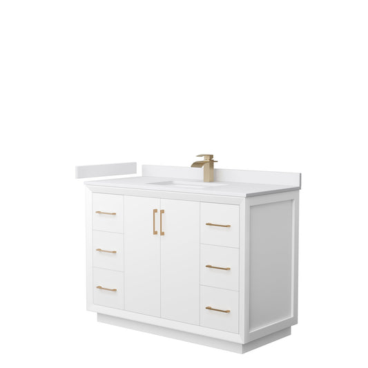 Wyndham Collection Strada 48" Single Bathroom Vanity in White, White Cultured Marble Countertop, Undermount Square Sink, Satin Bronze Trim