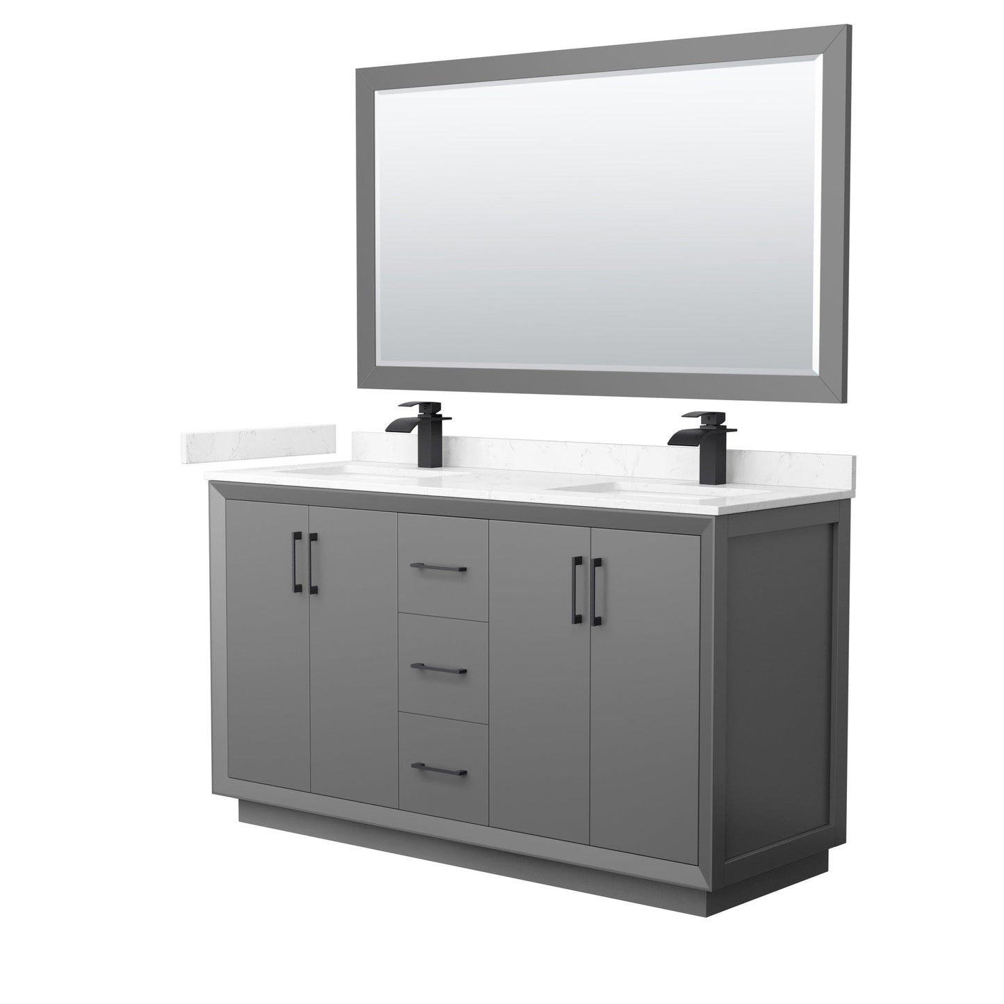 Wyndham Collection Strada 60" Double Bathroom Vanity in Dark Gray, Carrara Cultured Marble Countertop, Undermount Square Sink, Matte Black Trim, 58" Mirror