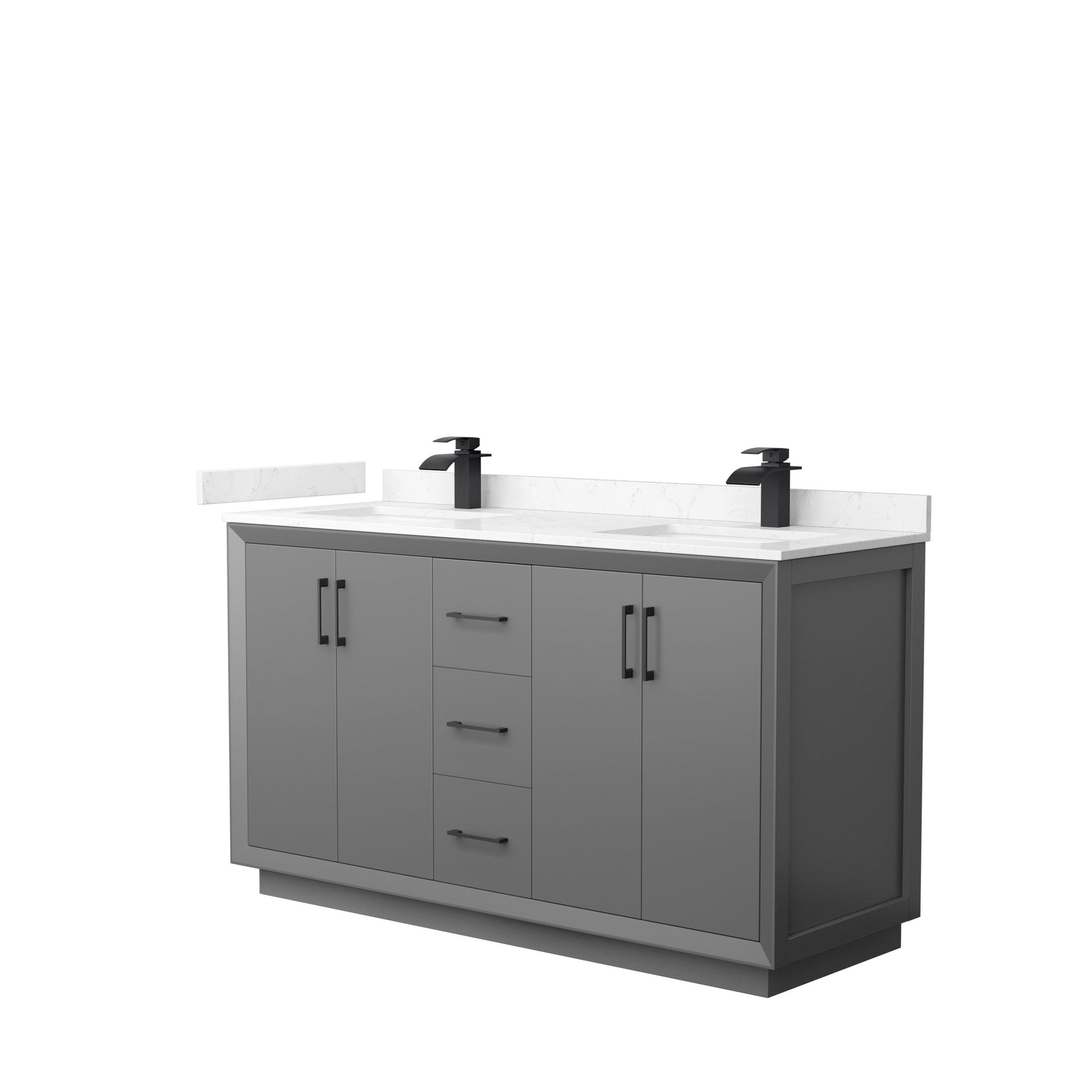 Wyndham Collection Strada 60" Double Bathroom Vanity in Dark Gray, Carrara Cultured Marble Countertop, Undermount Square Sink, Matte Black Trim