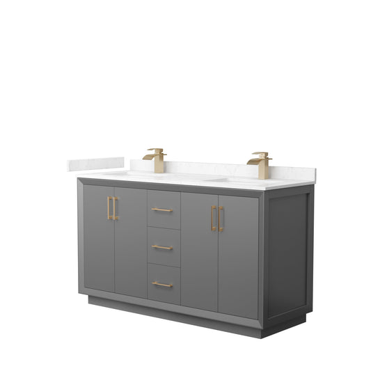 Wyndham Collection Strada 60" Double Bathroom Vanity in Dark Gray, Carrara Cultured Marble Countertop, Undermount Square Sink, Satin Bronze Trim